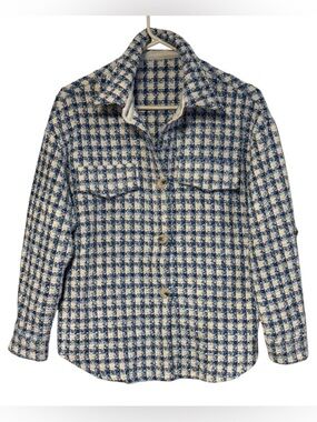 SHEIN Tweed Houndstooth Button Front Schacket SzS Blue Metallic Flecks